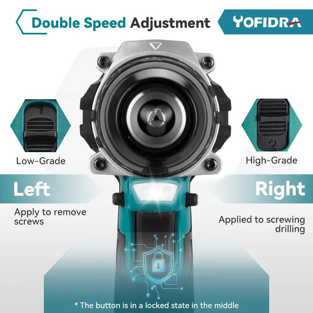 YOFIDRA 13MM 35+3 Torque Brushless Electric Impact Drill Cordless Electric Screwdriver Power Tool For Makita 18V Battery Pin