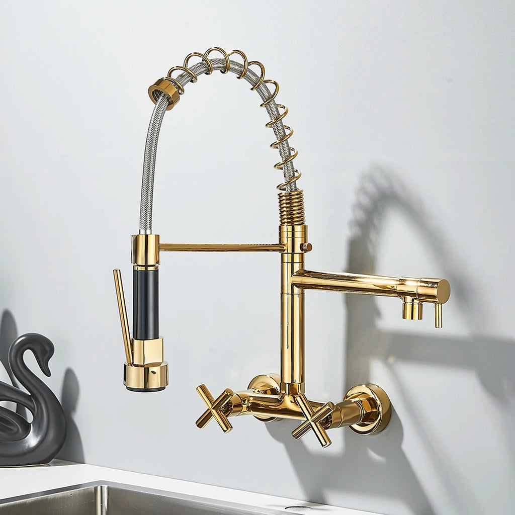 Matte Black Wall Mounted Kitchen Faucet Hot Cold Water Mixer Tap For Kitchen Pull Down Spray 360 Rotation Kitchen Mixer Taps