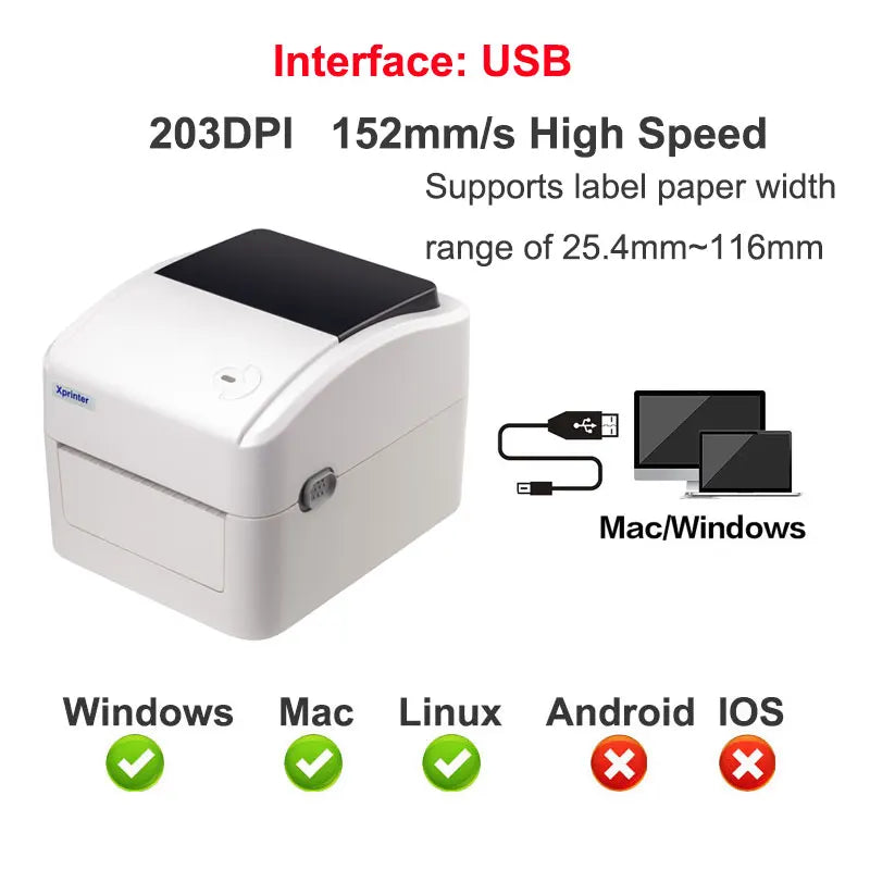 Xprinter 152MM/S Thermal Shipping Label Printer Barocde Sticker Printer 203DPI Printing Paper Width Between 25.4nm and 116mm