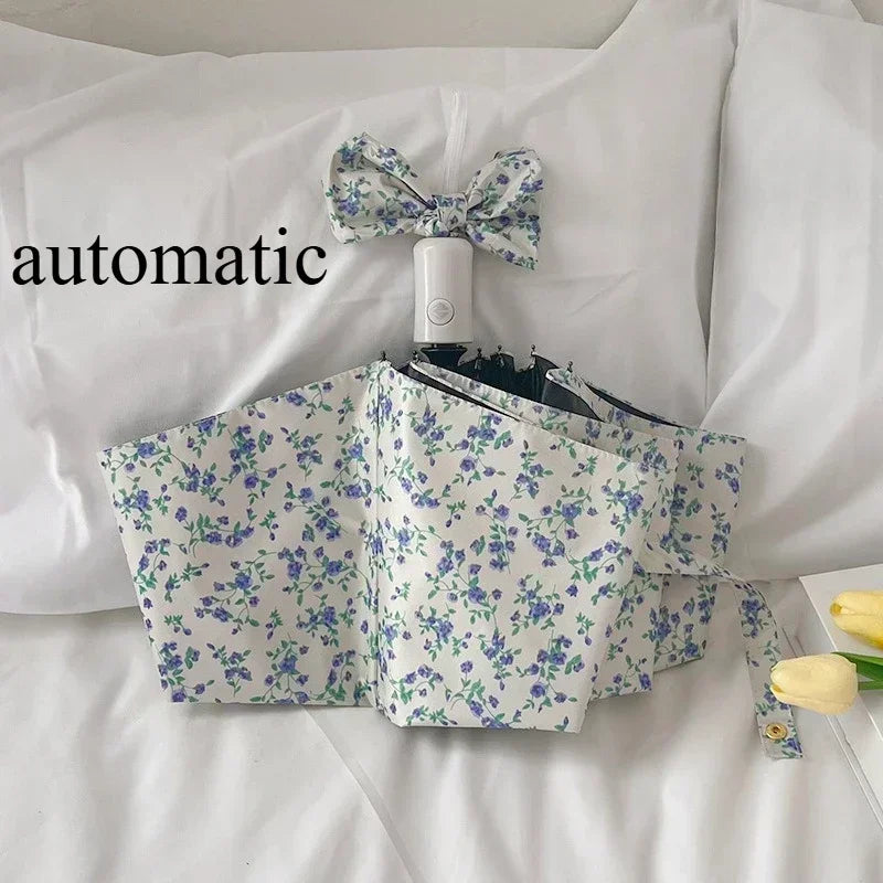 New 1 Piece of Small Blue Floral Umbrella, Gentle Style, Sun Protection, Three - Fold Automatic Umbrella for All Weather