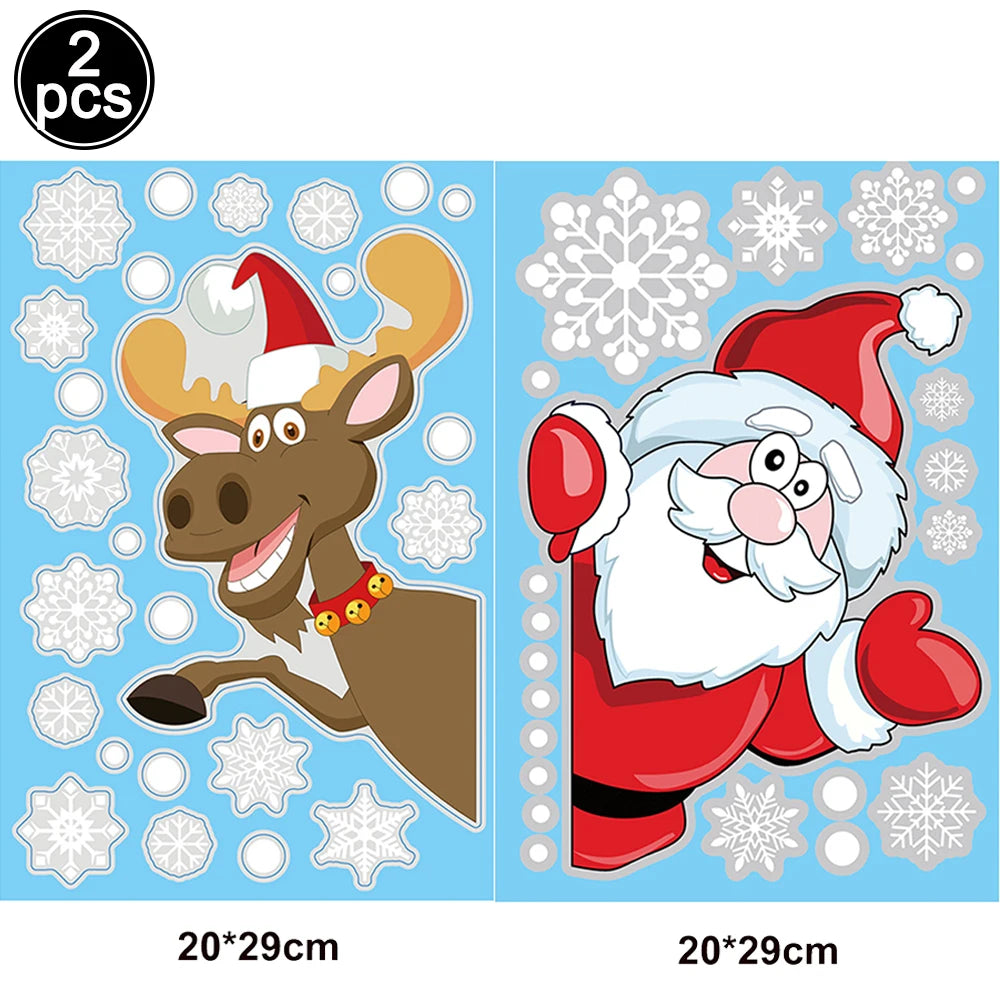 Christmas Window Stickers Santa Claus Reindeer Snowflake Static Window Clings Merry Christmas Glass Decals New Year Party Decors