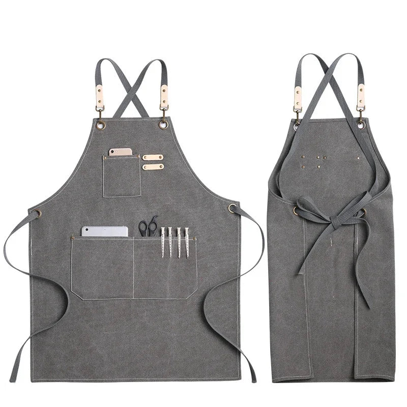 Grembiule da cucina in tela resistente, grembiule da lavoro da barbiere, unisex, con cinghie incrociate regolabili, grembiule con pettorina in ecopelle per parrucchiere da uomo