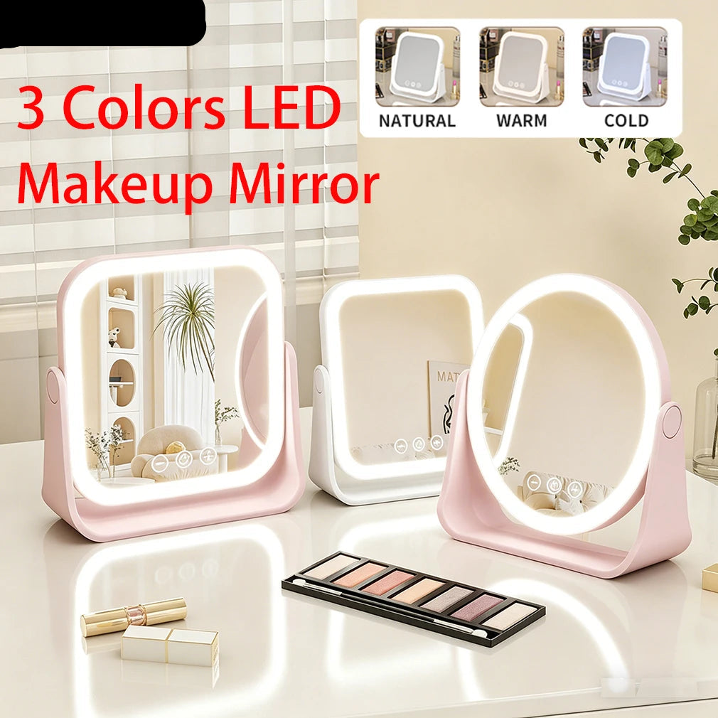 3 Colors LED Makeup Mirror Wireless Eversible Dimmable Touch Screen Cosmetic Mirrors Smart Rotatable Makeup Beauty Tabletop Tool