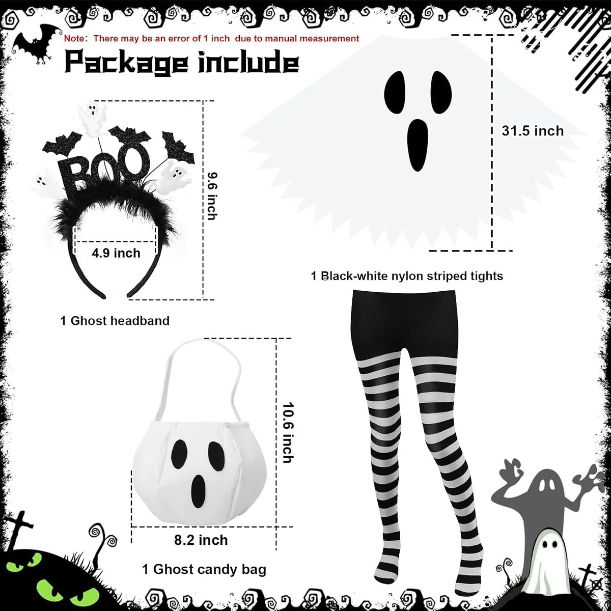 Halloween Ghost Costumes for Women Adult Ghost Poncho/Headband/Stripe Tights/Bag,Easy Halloween Costumes for Cosplay Party