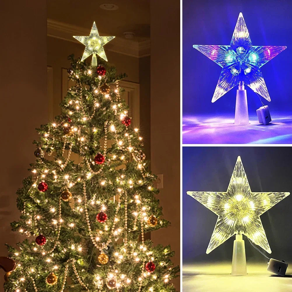 15CM LED Transparent Five-pointed Star Merry Christmas Tree Toppers Cristmas Decorations for Home Xmas Ornaments Navidad