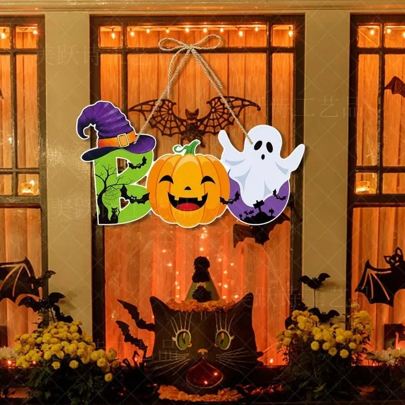 Halloween Party Door Decorations Horror Pumpkin Ghost Bat Hanging Pendent Paper Sign for Home Halloween Festival Party
