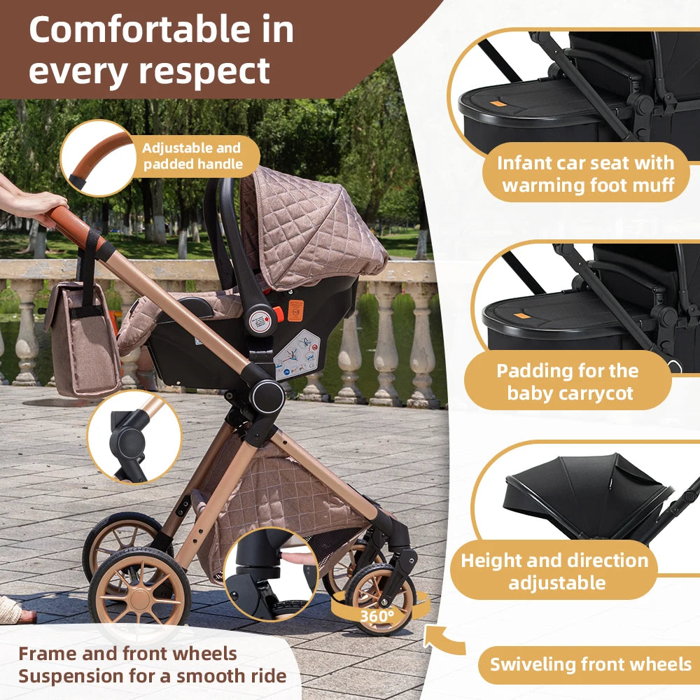 Newest 3 in 1 Baby Stroller Portable Travel Baby Carriage Folding Prams Aluminum Frame High Landscape Car for Newborn Baby