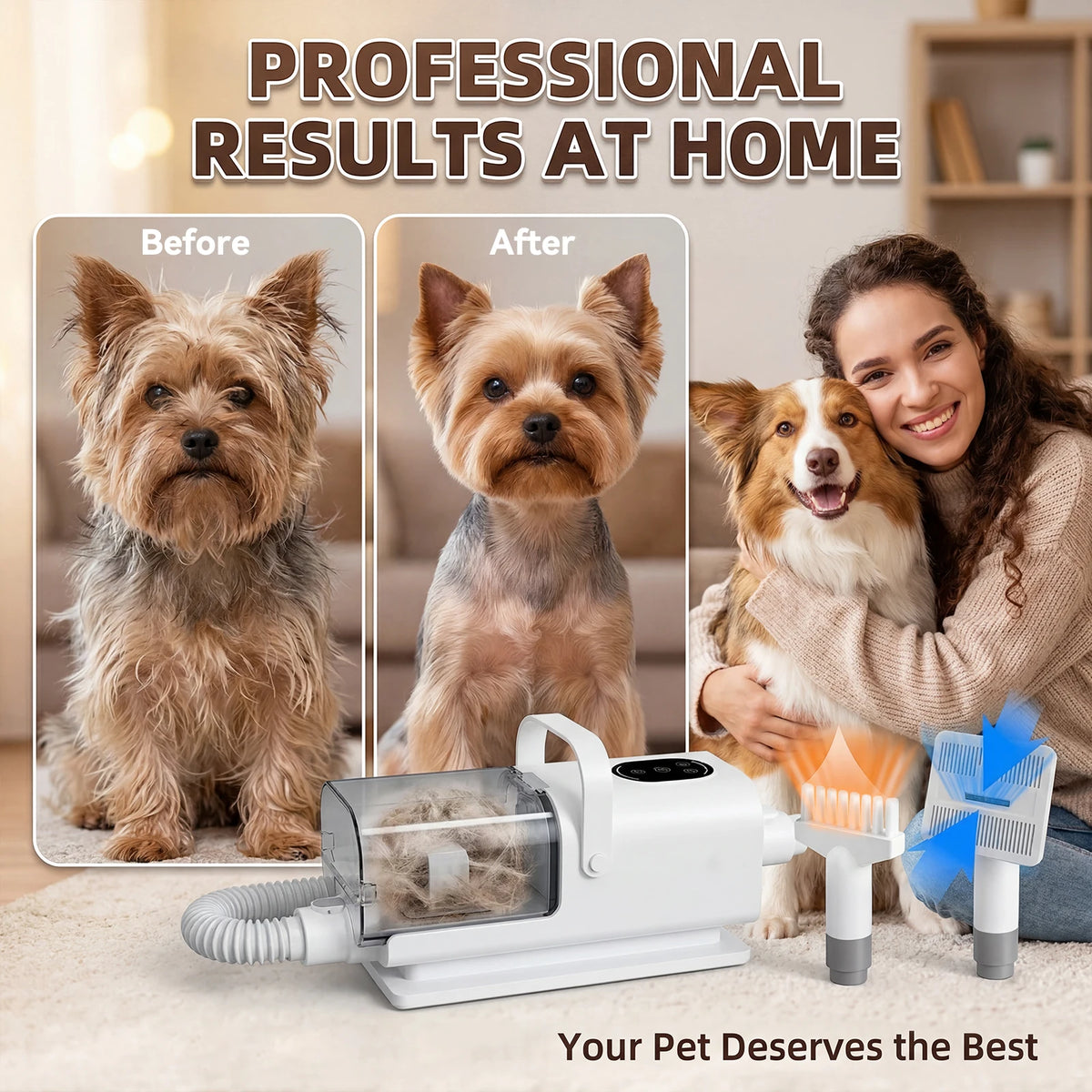 8 in1 Pet Grooming Vacuum&Dryer Kit 2.2L Dust Cup Multifunctional Pet Grooming Vacuum Kit 3-Speed Dog Hair Vacuum Cleaner with Suction,Low Noise Cat Dog Grooming Kit with Electric Clippers,Blow Dryer&15-Piece Tools