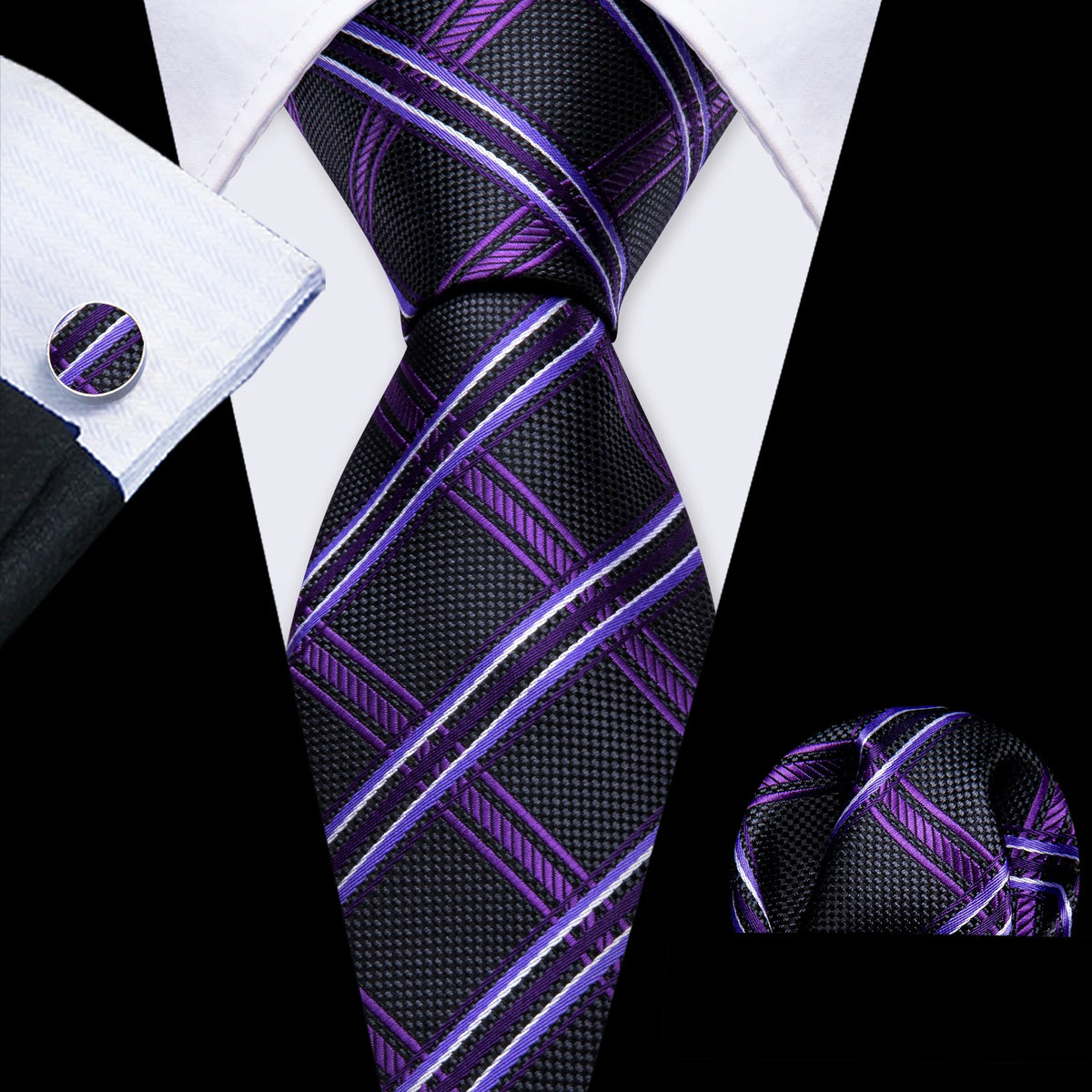 Male Gift Men Tie Set Purple Violet Solid Paisley Striped Wedding Business Tie for Man Necktie Handky Cufflinks Barry.Wang