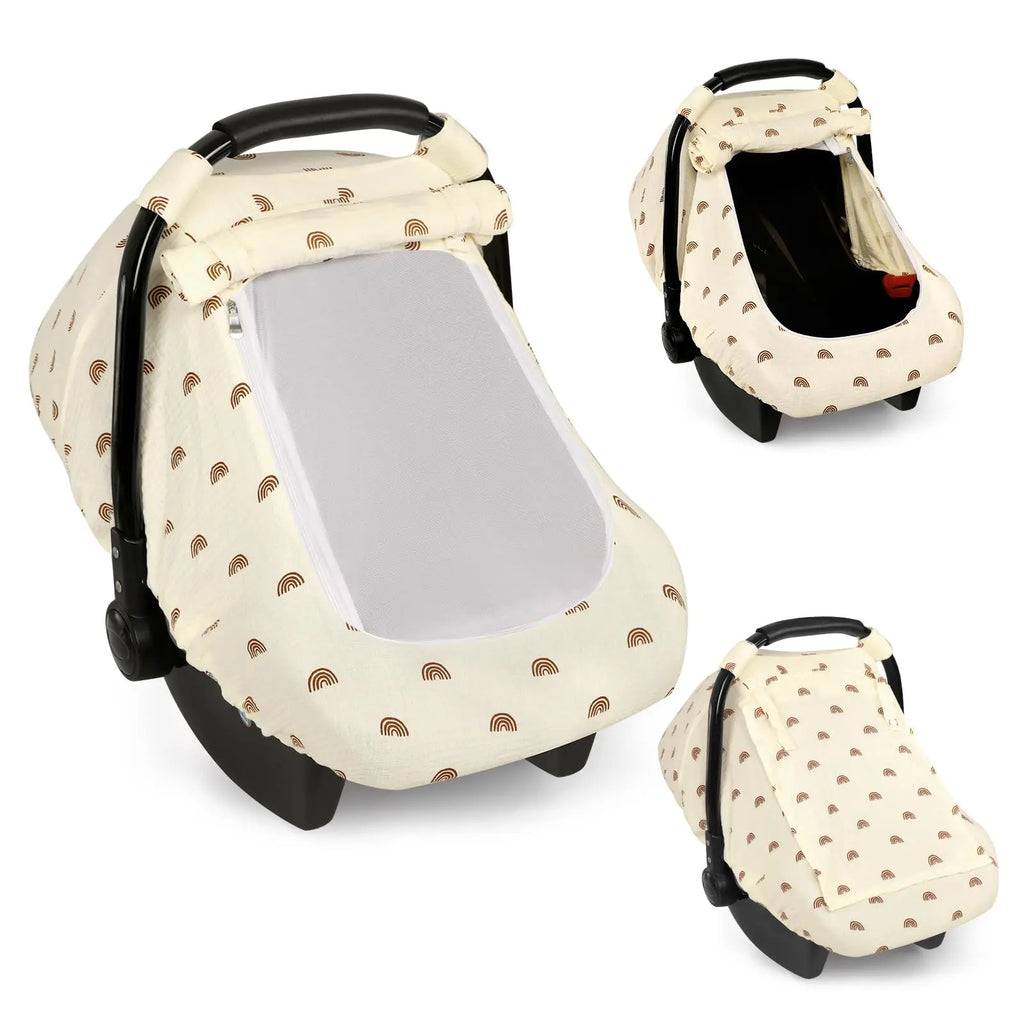 Muslin Car Seat Cover Baby - Breathable and Privacy Car Seat Canopy with 3 Modes - Easy Install & Gift Box Packaging