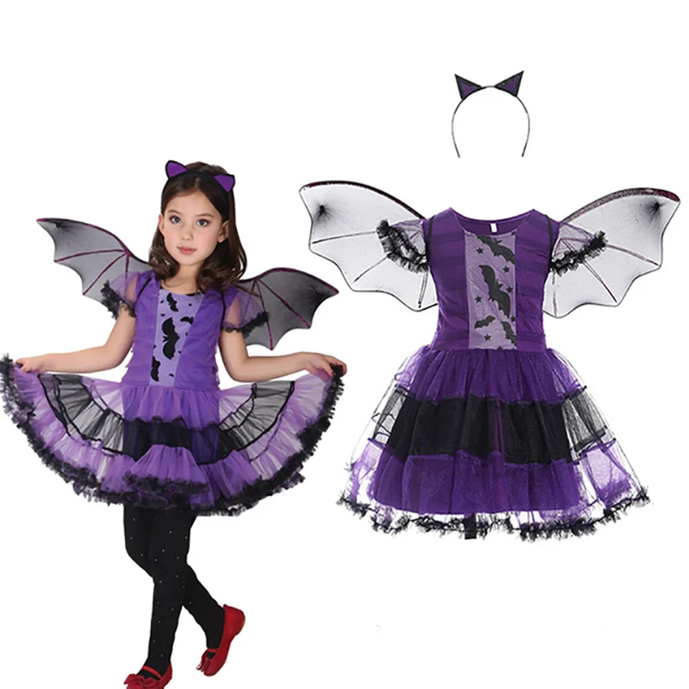 Halloween Witch Costume Girls Vampire Kids Clothes Animal Cosplay Dress With Wing Headwear Witch Role Play Clothes