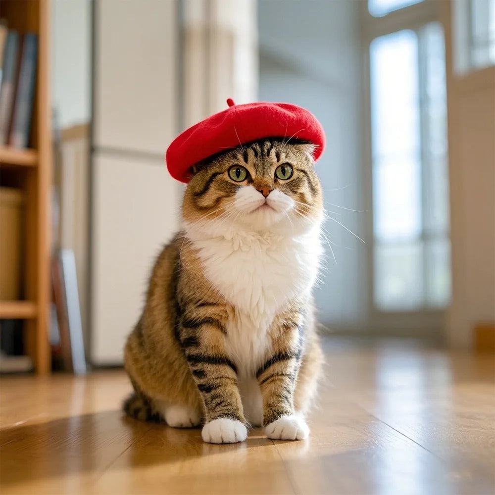 Dog Beret Hats Cat Hats Fashion Four Seasons Funny Wool Winter Pet Hat Mini Monochrome Cat Beret Cute Pet Casual Travel Outfit