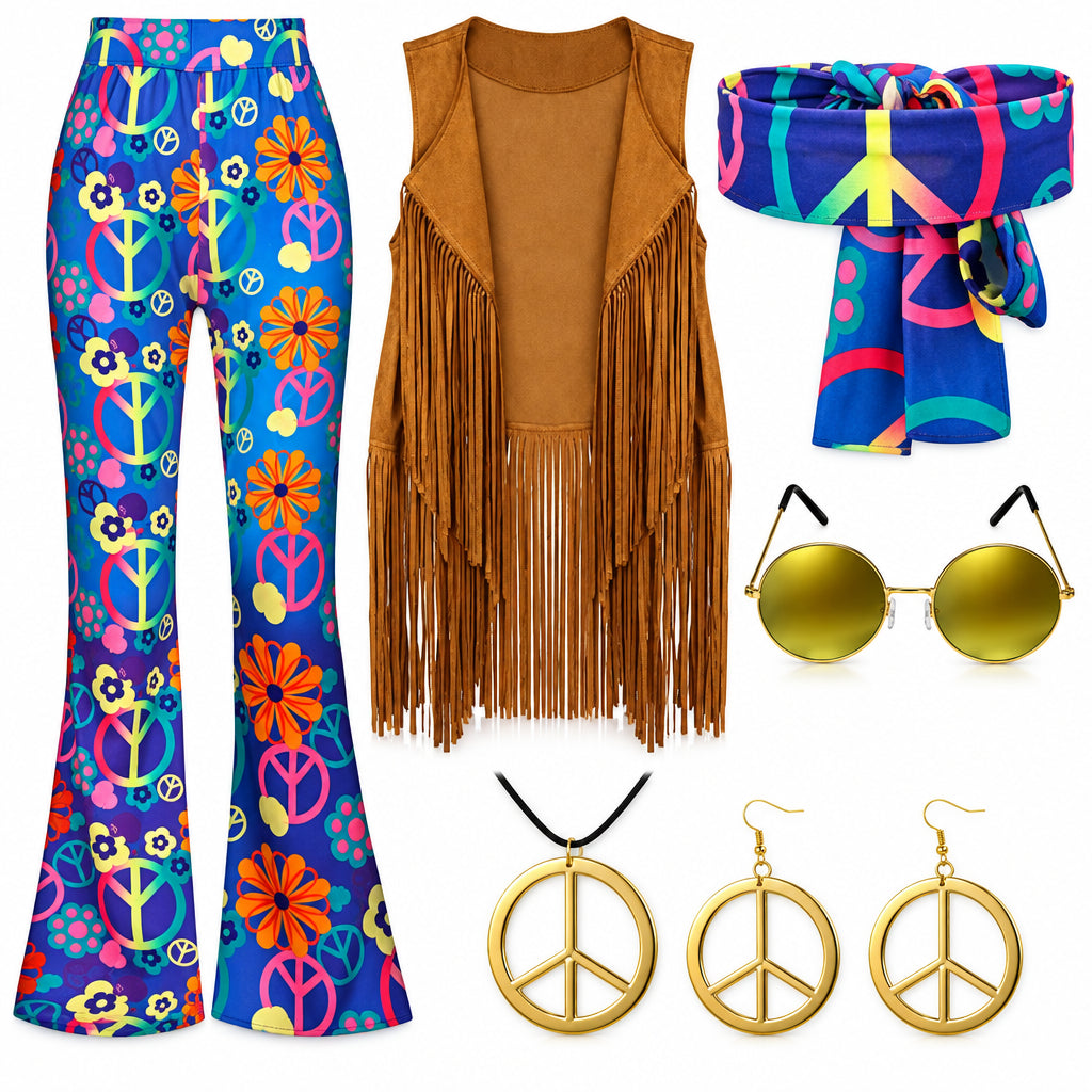 Halloween Hippie Costume Women's Set for Carnival 70s Clothing Accessories Six-Piece Set Tassel Vest+Pants+Headband Set