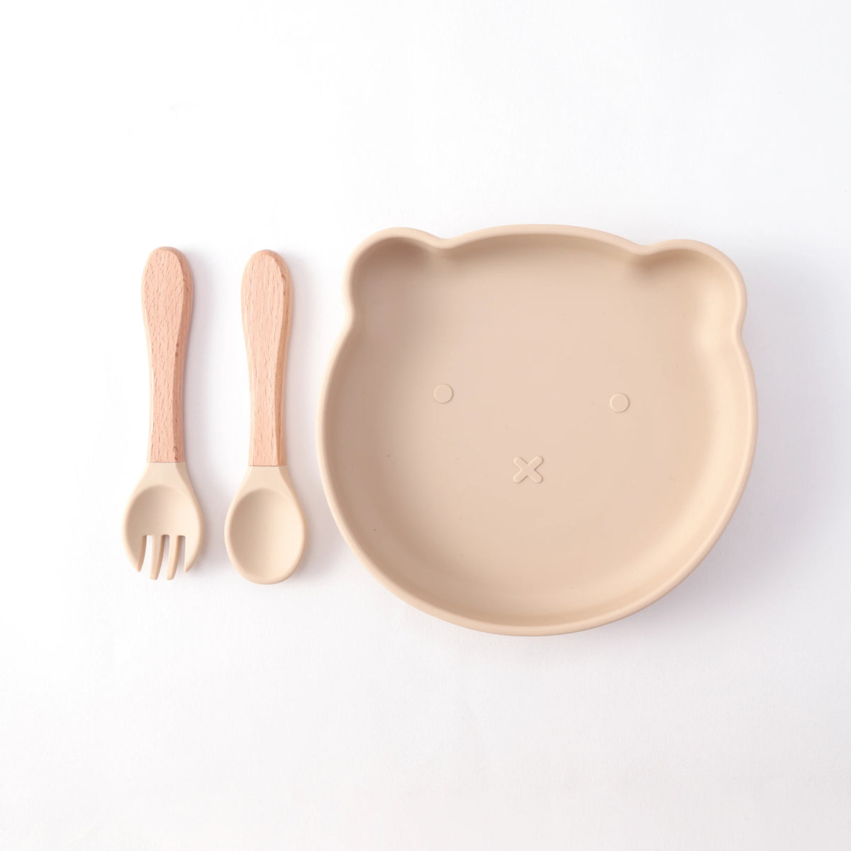 Color Kids 3PCS Cartoon Bear Silicone Feeding Set Sucker Bowl Wooden Handle Spoon Fork BPA Free Infant Self Feeding Gifts