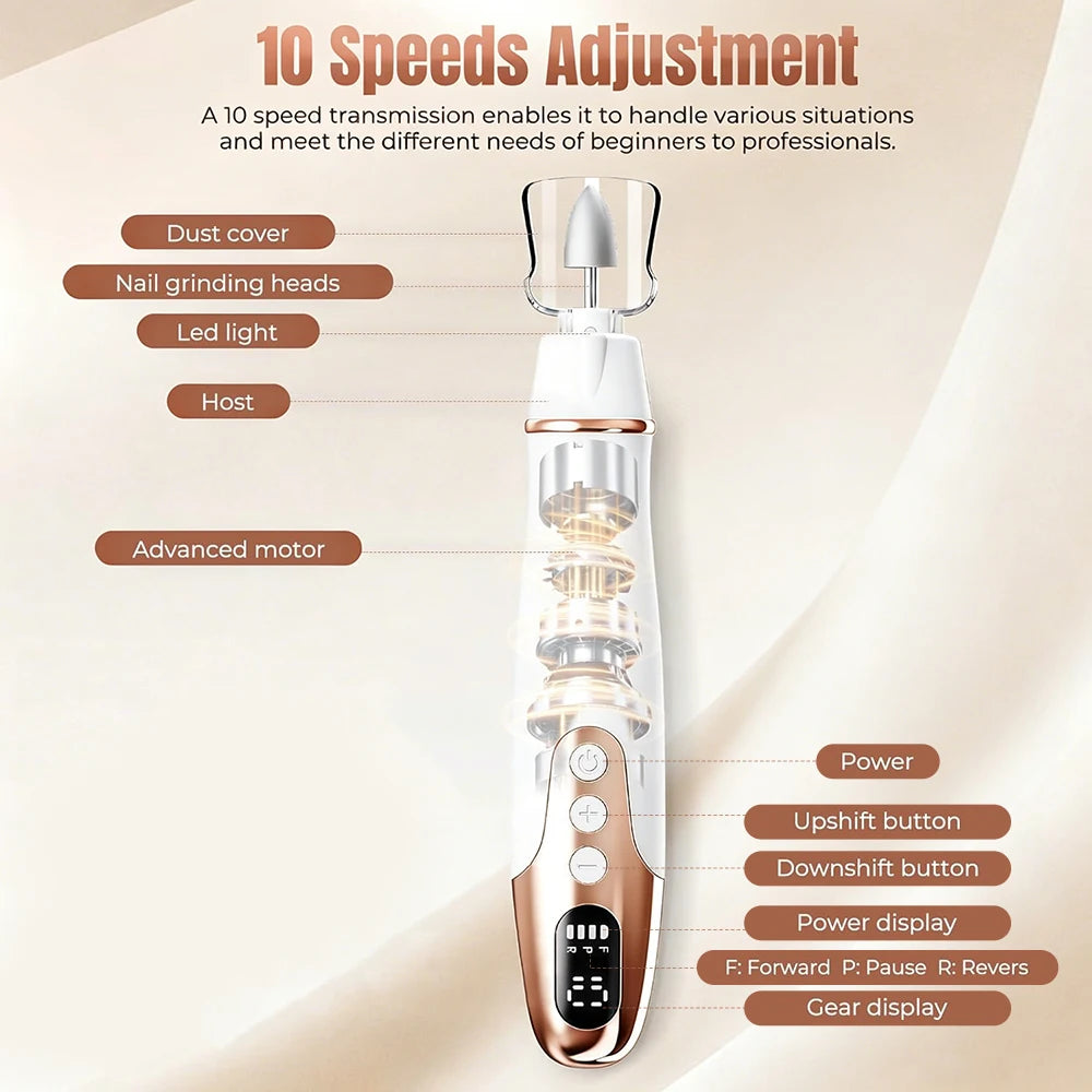 Professional Manicure Pedicure Kit Electric Nail File Set Cordless Nail Drill Machine 10 Speed Nail Tool for Grind Trim Polish