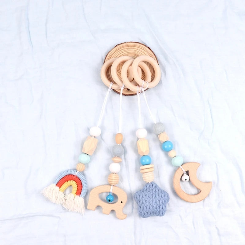 4 Pcs Beech Wood Baby Play Gym Frame Newborn Activity Fitness Rack Hanging Pendants Toys Crochet Rattle Teether Kids Room Decor