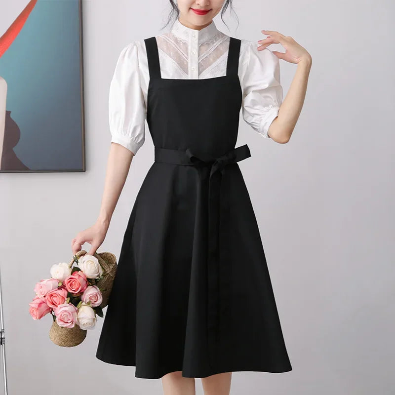 Women Cotton Cross Back Apron With Pockets Gardening Work Pinafore Dress Kitchen Cooking Bib Painting Nail Florist Salon Smock