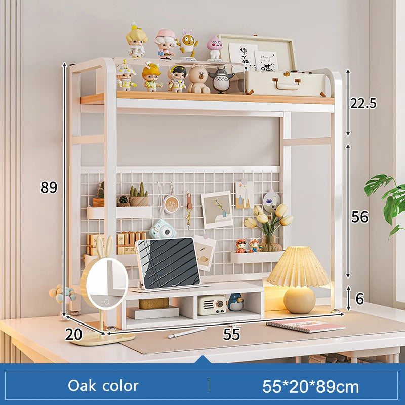 Bookcase With Grid Bookshelf Desktop Multi-layer Wrought Iron Shelf Student Computer Desk Table Hole Board Table Wooden Shelves
