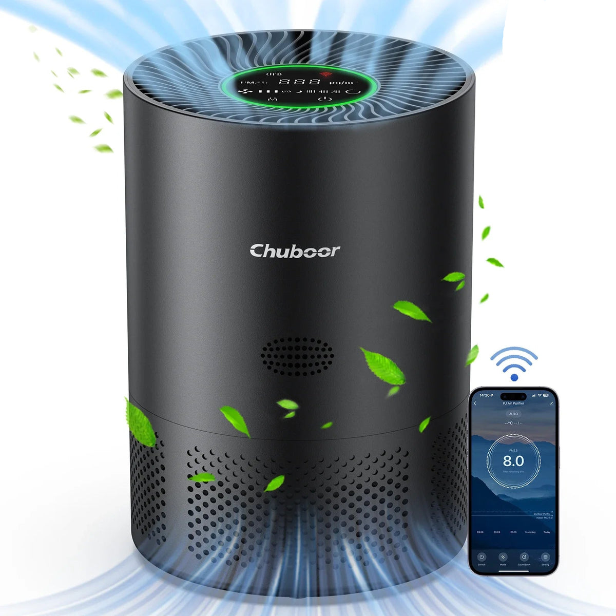 Chuboor Air Purifier for home with H13 true HEPA, PM2.5 detection, Removes Dust Smoke Pet Dander Odor, CADR 185m³/h, suitable for 30-40㎡, washable filter, super quiet, air cleaner for kitchen, office, or bedroom