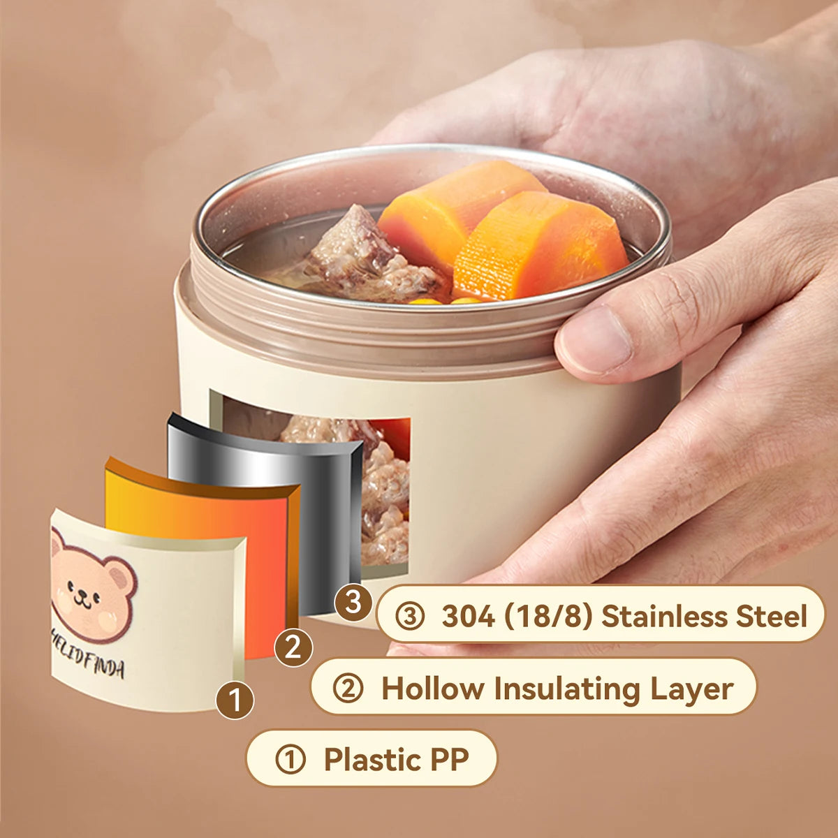 WORTHBUY Cute Thermal Bento Box Portable 304 Stainless Steel Lunch Box Heatable Sealed Leak-proof Food Container For Kids