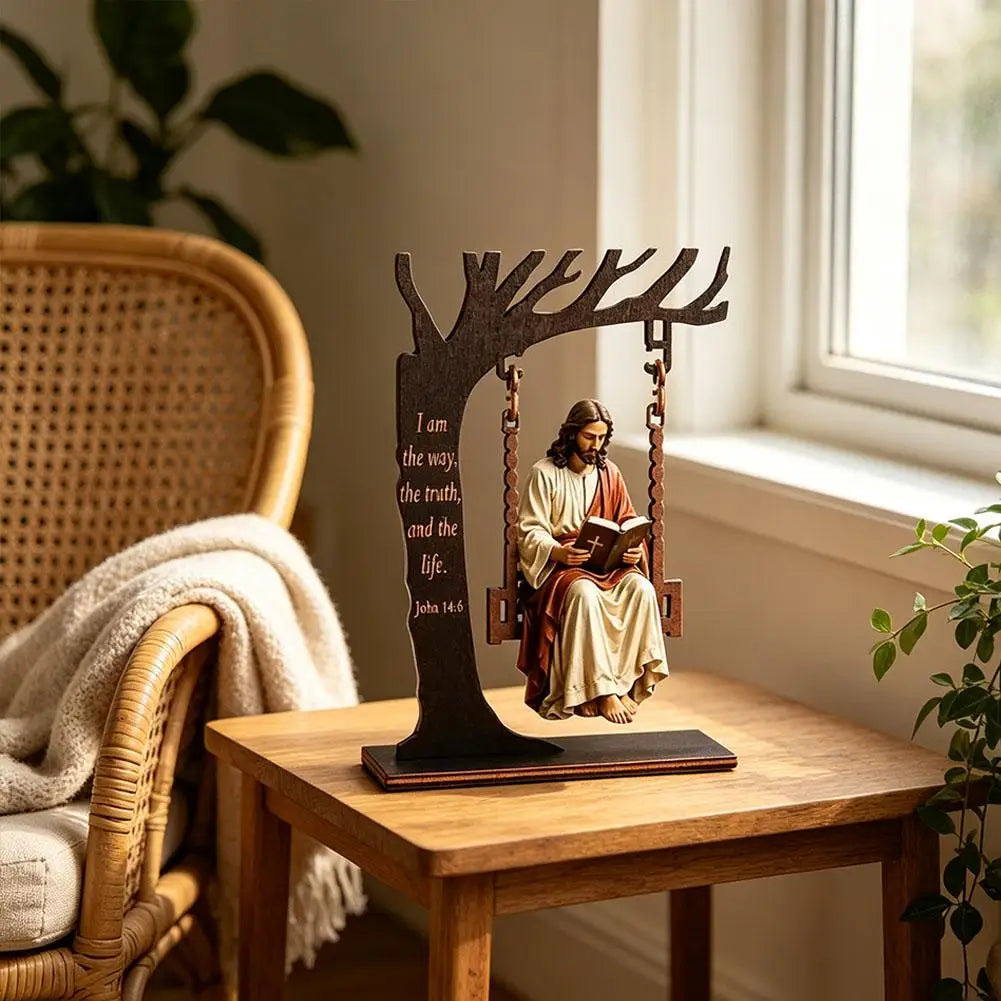 Christian Jesus Swing Tabletop Decoration Wooden Tree Frame With Bible Verse Religious Figurine Faith Home Desktop Ornament