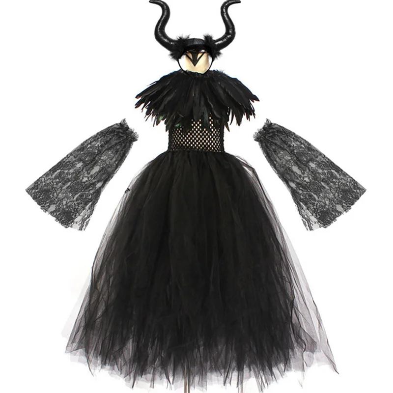 Halloween Costume Fashion Tutu Dress For Girls Cosplay Evil Queen Black Mesh Princess Dress Kids Crow Wand Demon Witch Gown