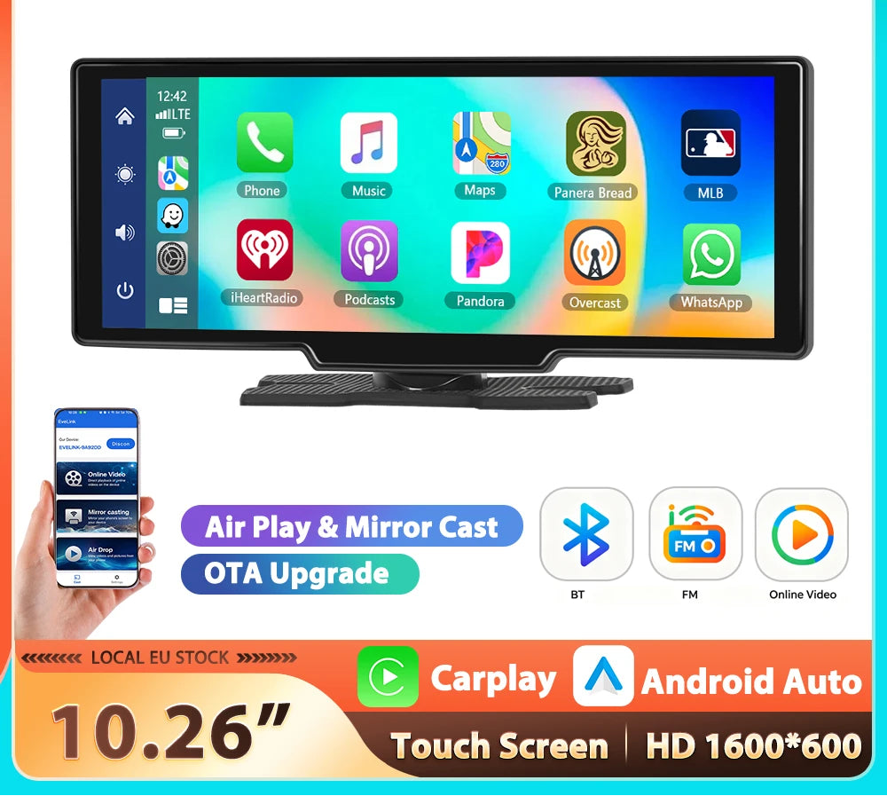 10.26'' Touch Screen Smart Screen Player CarPlay Android Auto Airplay Mirror Cast Bluetooth FM Car Monitor Superlink Voice Control Auto Player