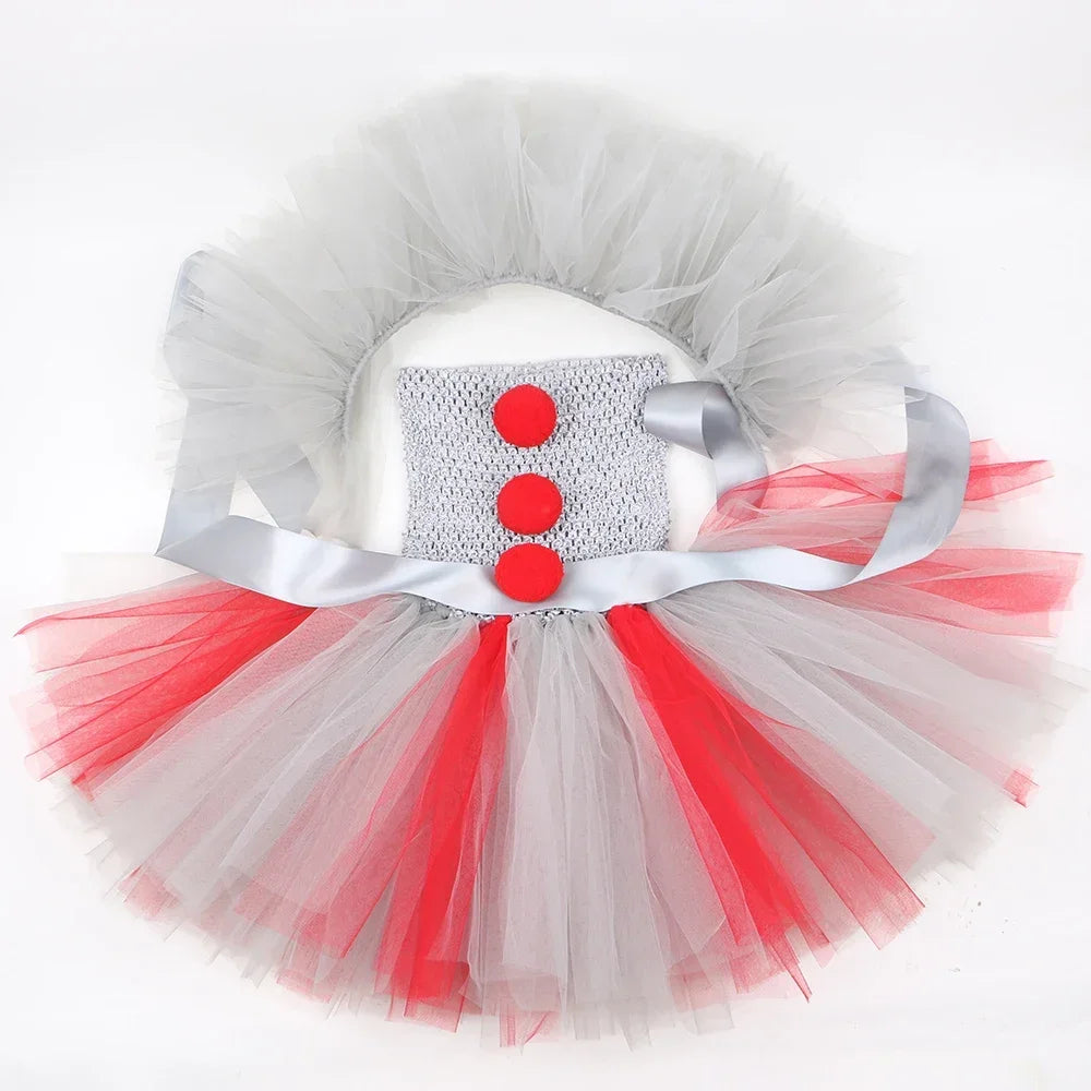 Halloween Pennywise Costume for Kids Creepy Clown Gray Joker Tutu Dress Outfit Girls Fancy Carnival Party Tulle Dress Up Clothes