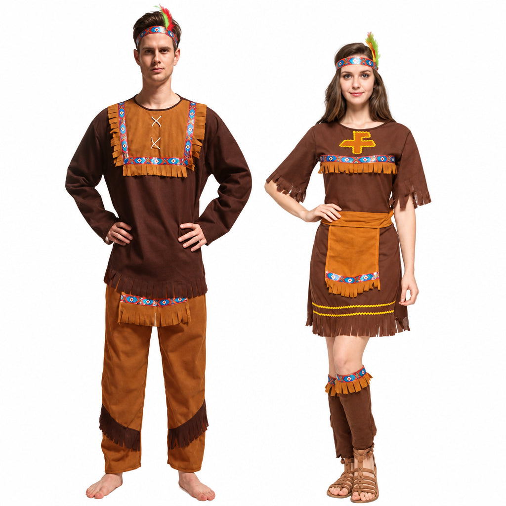 Halloween Costume Adult Couple Indian Native Clothes Women Men Primitive Man Caveman Costume Tassel Carnival Party Fancy Dress