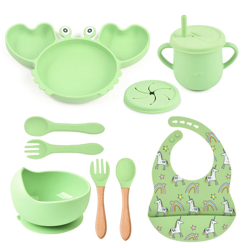 9Pcs Baby Silicone Non-Slip Suction Bowl Plate Spoon Waterproof Bib Cup Set Baby Crab Dishes Food Feeding Bowl for Kids BPA Free