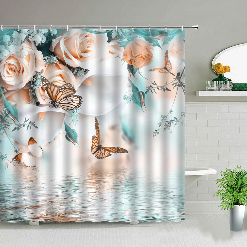 Rose Butterfly White Flower Shower Curtain Floral Print Waterproof Polyester Bathroom Curtain Fabric For Bathtub Decoration