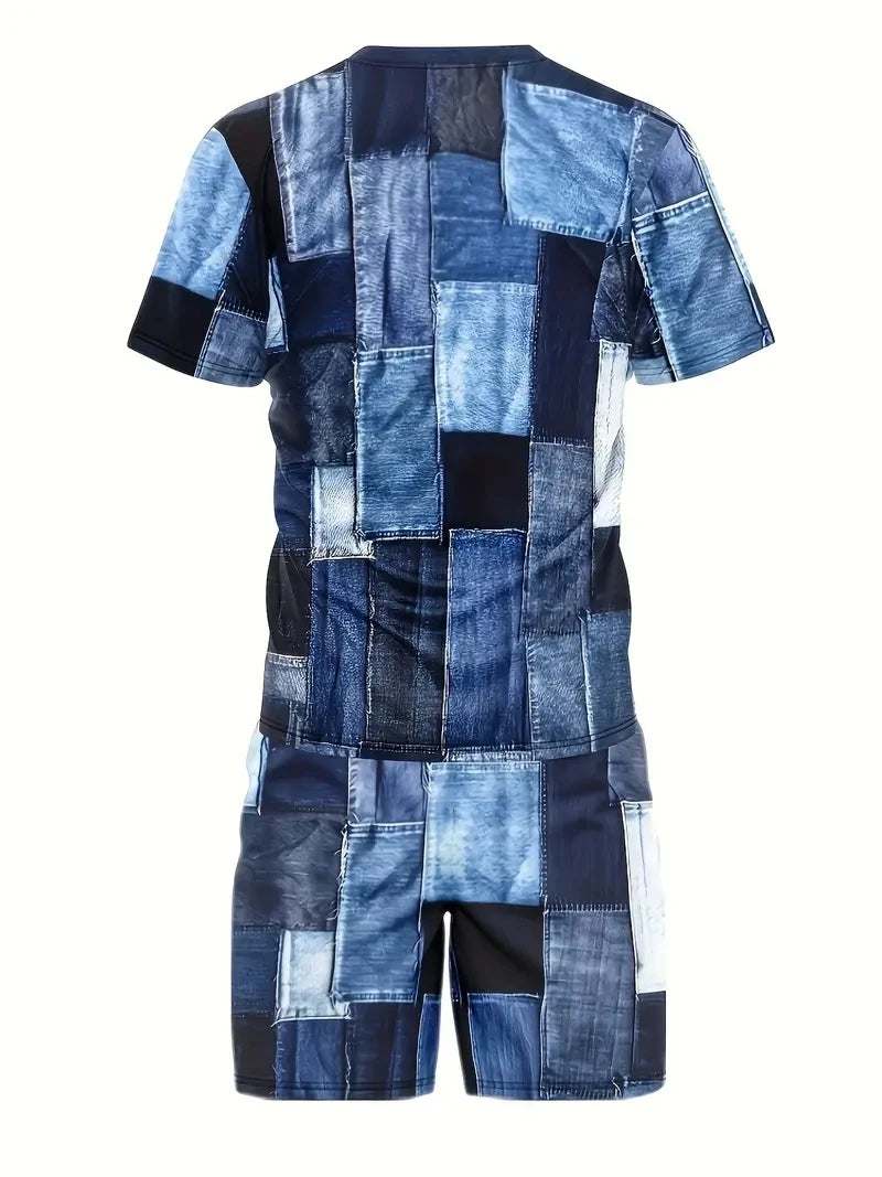 New Men's Two-Piece Plaid Print Fashion Men's Suit Summer O-Collar Short-Sleeved Polo Shirt + Shorts Two-Piece Men's Suit