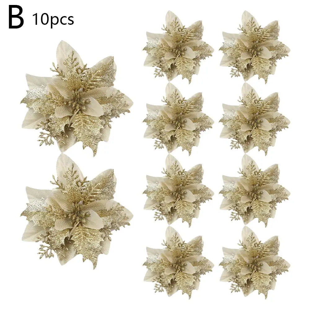 10Pcs Glitter Artificial Christmas Flowers Merry Christmas Tree Decoration Happy New Year Ornaments Xmas Flowers Decor