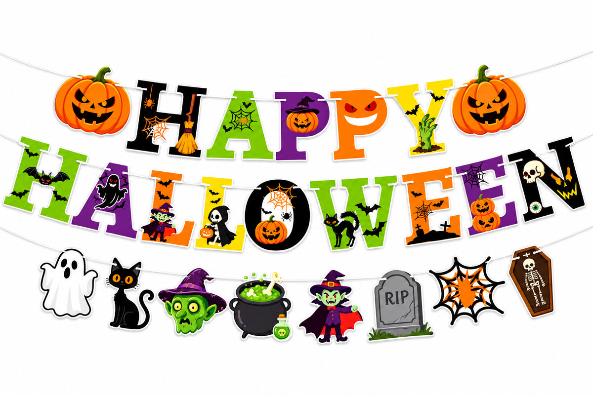 Halloween Party Decor Set Happy Pumpkin Banner Hanging Swirls Cake Topper Witch Ghost Castle Home Halloween Ornaments Supplies