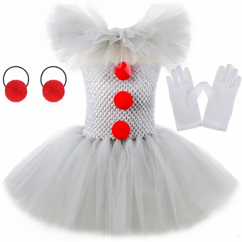 Halloween Pennywise Costume for Kids Creepy Clown Gray Joker Tutu Dress Outfit Girls Fancy Carnival Party Tulle Dress Up Clothes