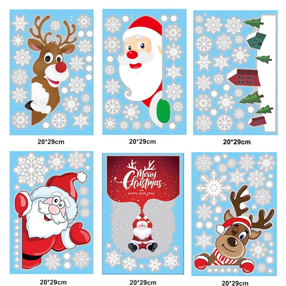 Christmas Window Stickers Santa Claus Reindeer Snowflake Static Window Clings Merry Christmas Glass Decals New Year Party Decors