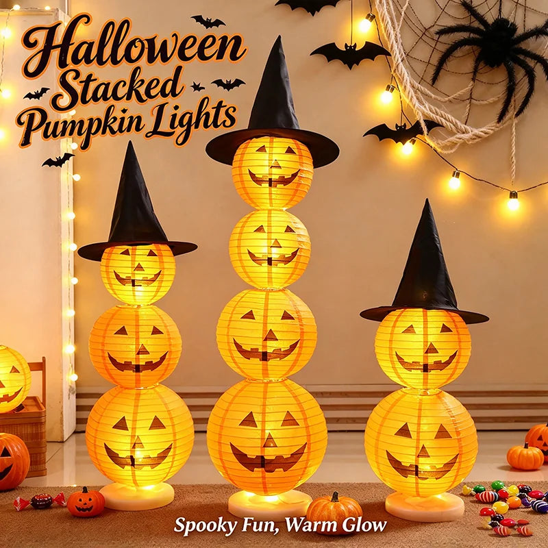 1-10pcs 8 Inch Halloween Pumpkin Paper Lanterns Hanging Folding Haunted House Horror LED 3D Props Holiday Party Ghost Lamp Decor