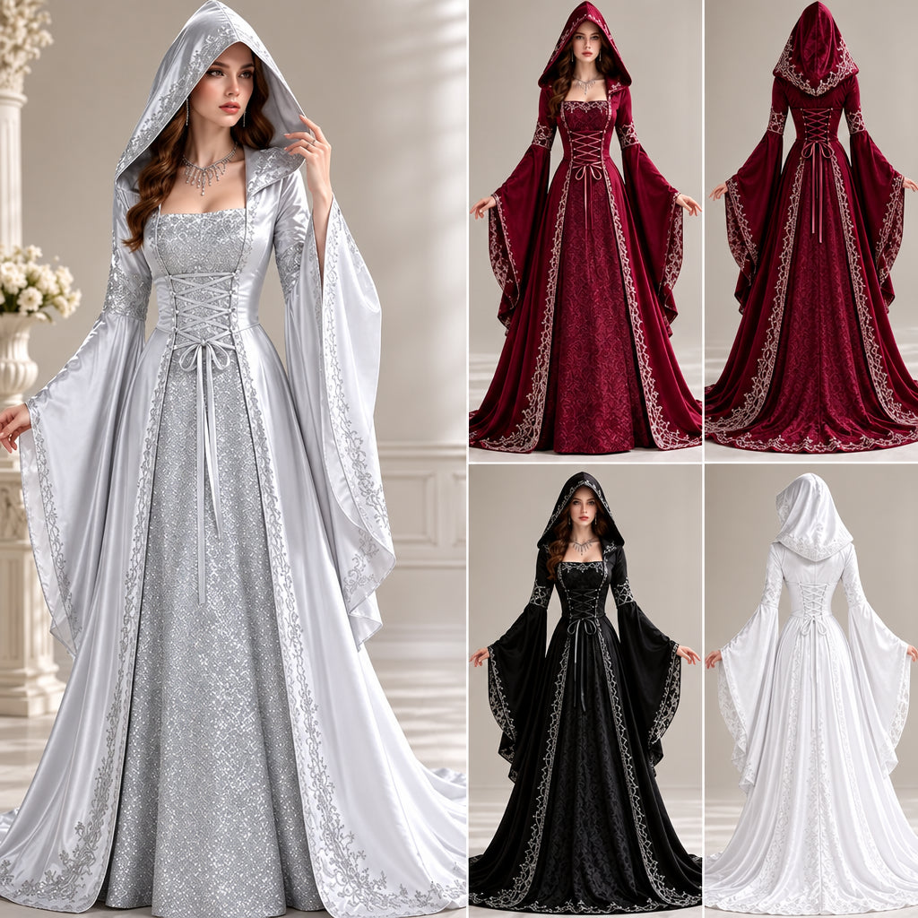 Halloween Cosplay Women's Luxury Witch Hooded Dress Costumes Retro Embroidered Renaissance Gothic Wedding Floor Length Dress