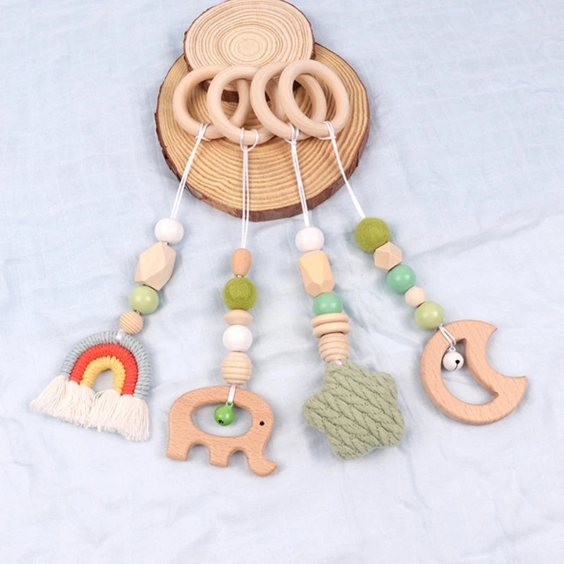 4 Pcs Beech Wood Baby Play Gym Frame Newborn Activity Fitness Rack Hanging Pendants Toys Crochet Rattle Teether Kids Room Decor