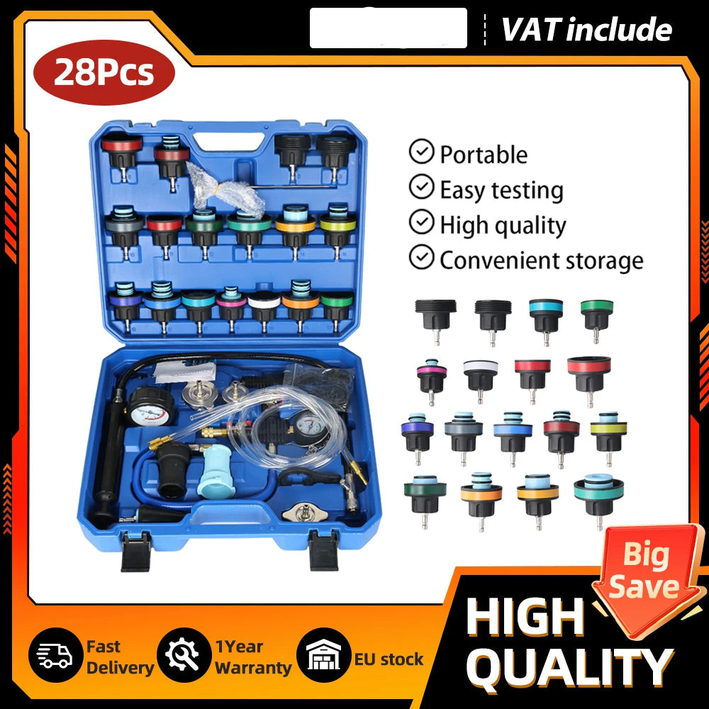 28PCS Radiator Coolant Pressure Tester Vacuum Refill Tool Kit, Universal Pneumatic Leak Test Purge Fill Set for Car Truck