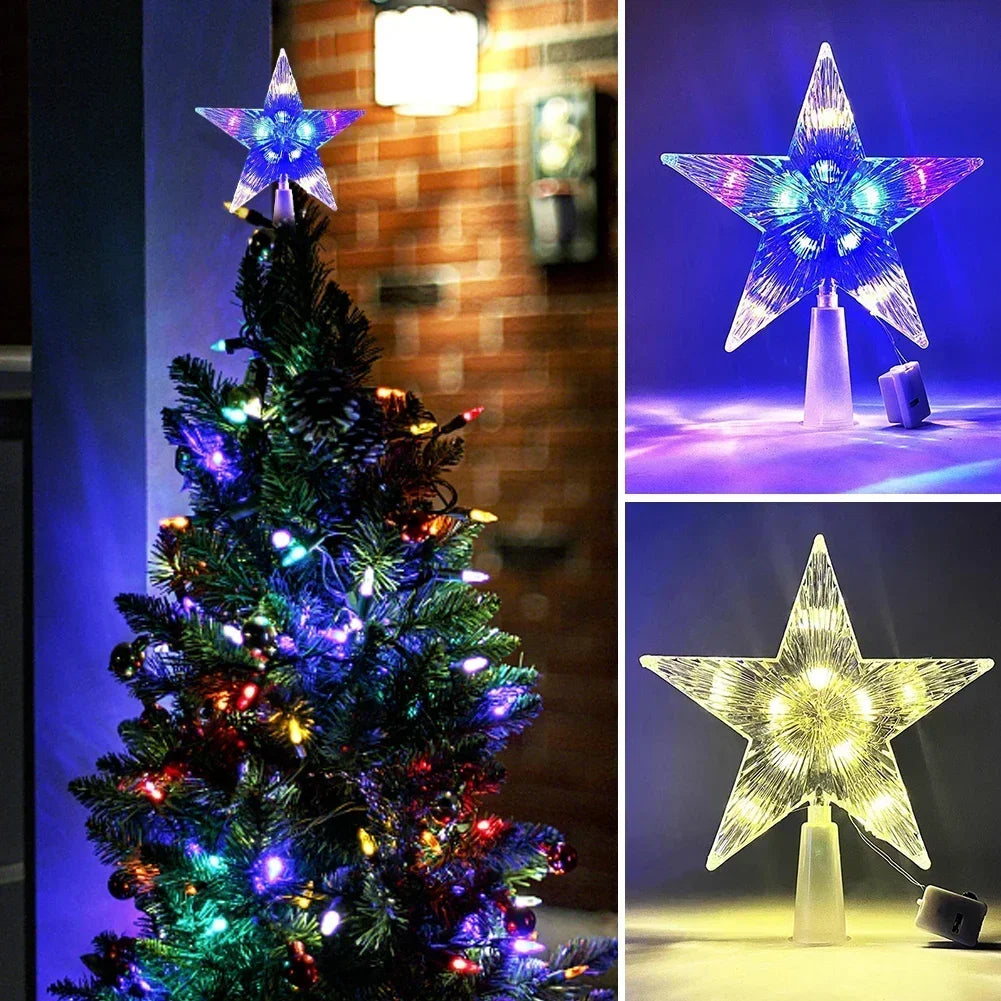 15CM LED Transparent Five-pointed Star Merry Christmas Tree Toppers Cristmas Decorations for Home Xmas Ornaments Navidad