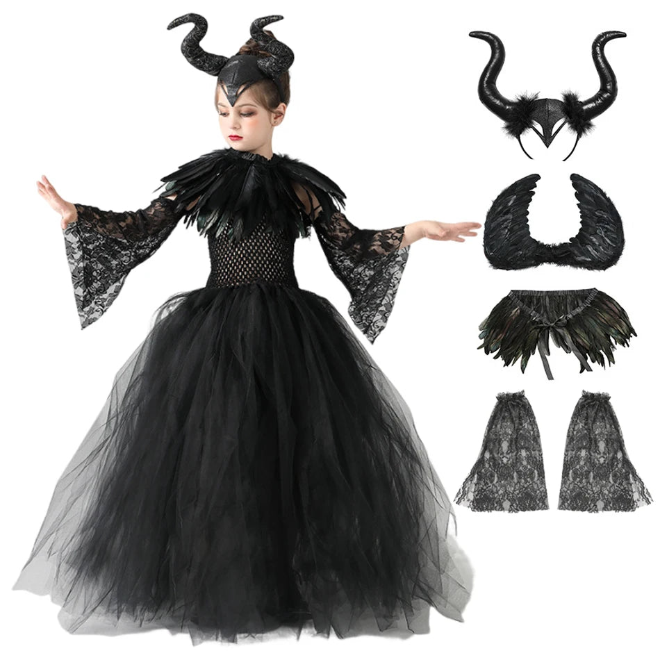 Halloween Costume Fashion Tutu Dress For Girls Cosplay Evil Queen Black Mesh Princess Dress Kids Crow Wand Demon Witch Gown