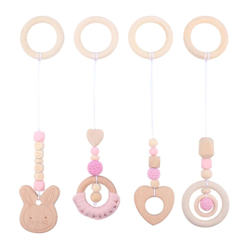 4 Pcs Beech Wood Baby Play Gym Frame Newborn Activity Fitness Rack Hanging Pendants Toys Crochet Rattle Teether Kids Room Decor