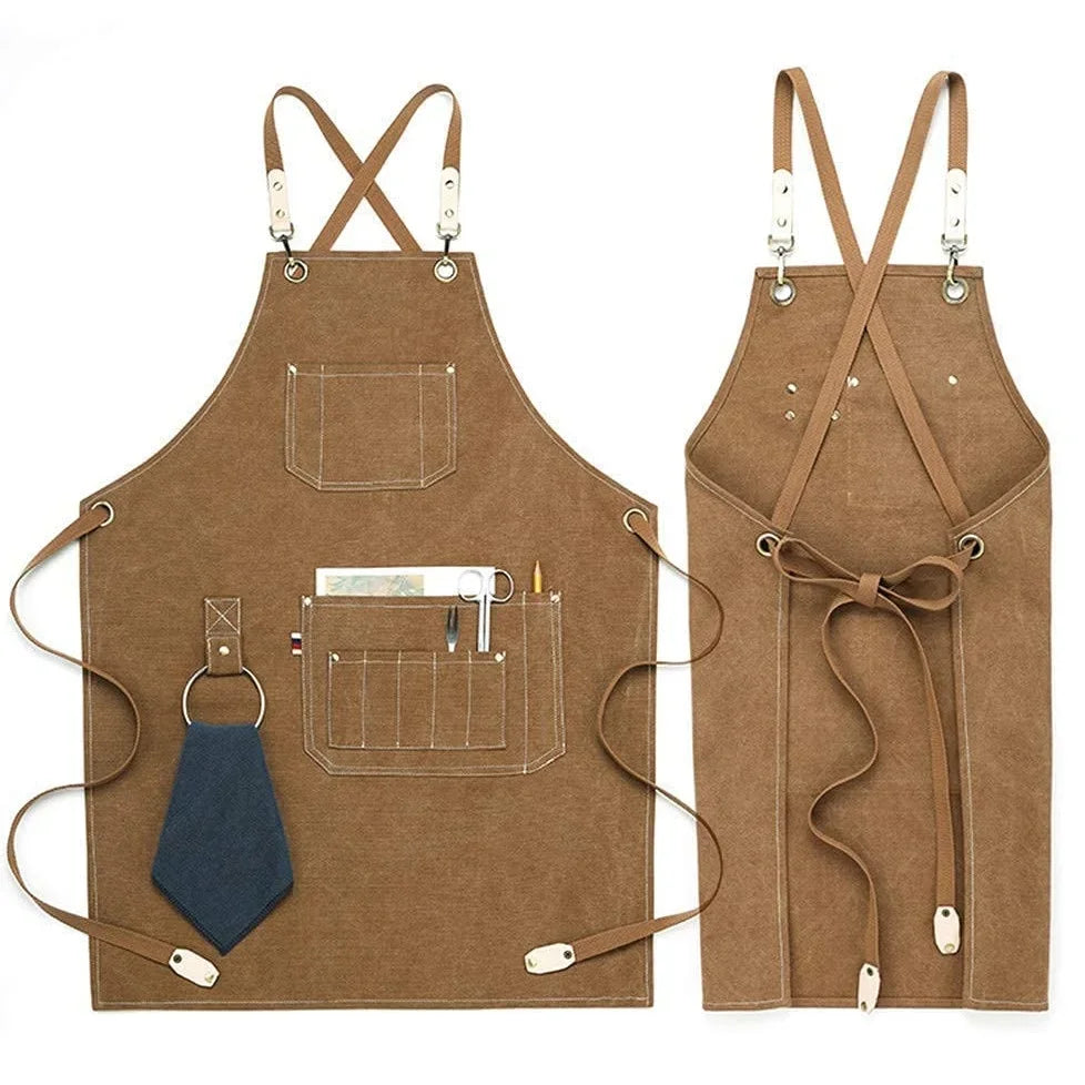 Grembiule da cucina in tela resistente, grembiule da lavoro da barbiere, unisex, con cinghie incrociate regolabili, grembiule con pettorina in ecopelle per parrucchiere da uomo