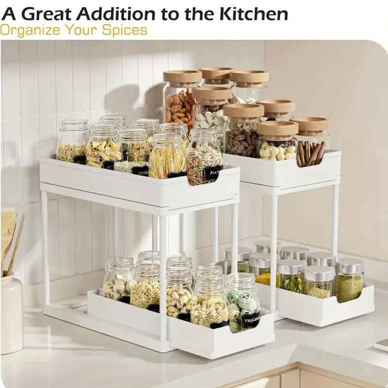 2-Tier Pull Out Under Sink Storage Rack Multifunctional Drawer Organizer Kitchen Bathroom Countertop Cleaning Supplies Storage