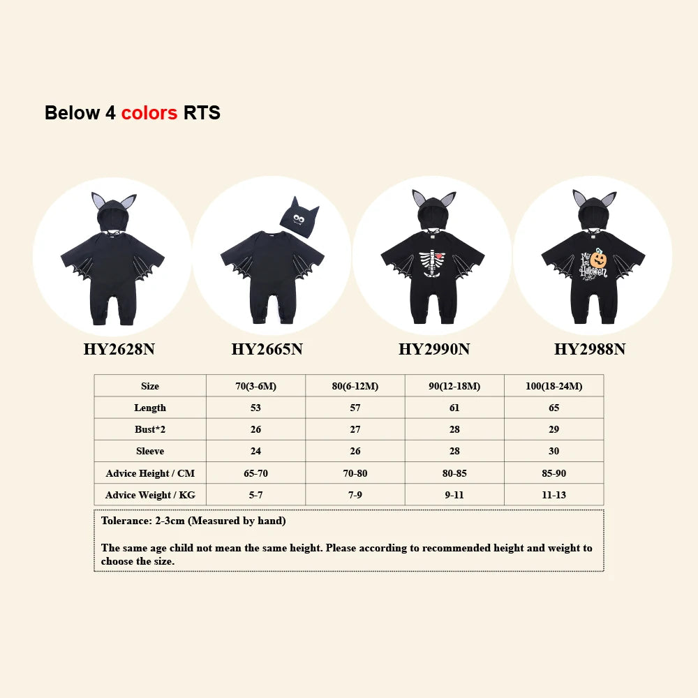 Halloween Baby Clothes Bat Costume Cotton Newborn Rompers Long-Sleeve New Born Outfits Black Jumpsuit with 3D Wings & Eared Hat