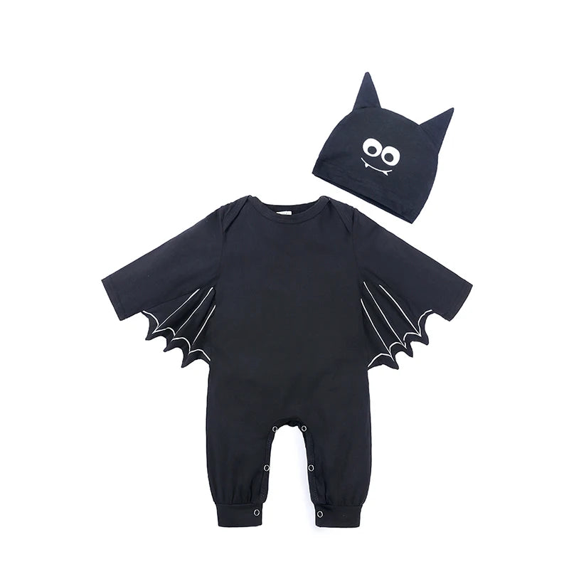 Halloween Baby Clothes Bat Costume Cotton Newborn Rompers Long-Sleeve New Born Outfits Black Jumpsuit with 3D Wings & Eared Hat