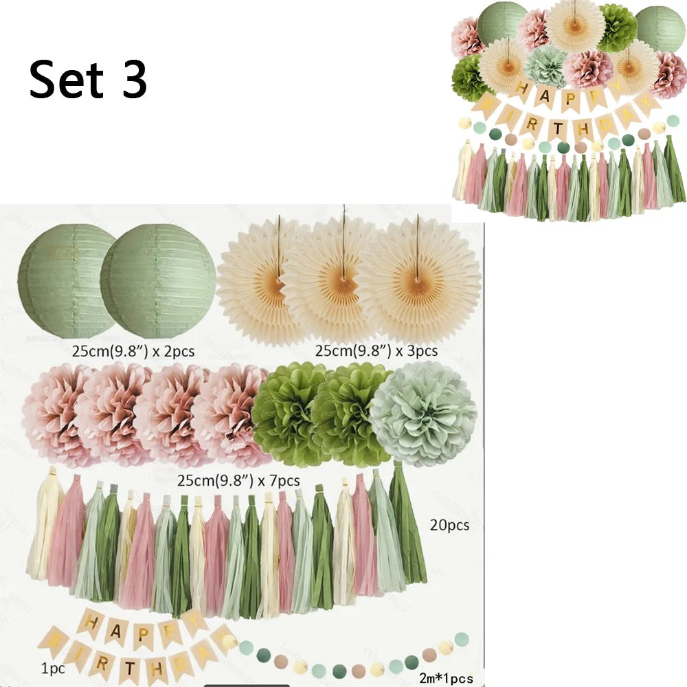 Green Birthday Party Decorations Paper Banner Circle Garland Hanging Swirl Paper Fans Lanterns Gold Balloons for Party Decor