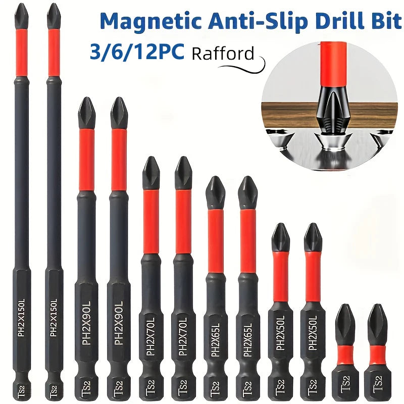 Magnetic Non-Slip Drill Bit Set 3/6/12 Pieces, S2 Steel, Crosshead and Impact Drill Bits, Suitable for Electric and Hand Drivers