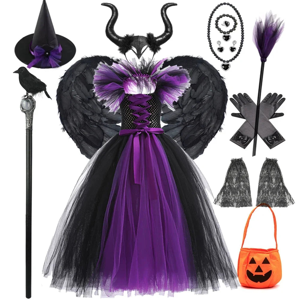 Halloween Costume For Kids Black Purple Witch Dress Luxury Lace Evil Role Playing Costume Maleficent Dress Up Outfit Tulle Dress